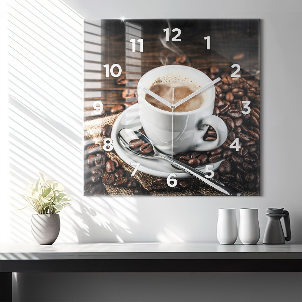 Horloge murale carrée Tasse et grains de café