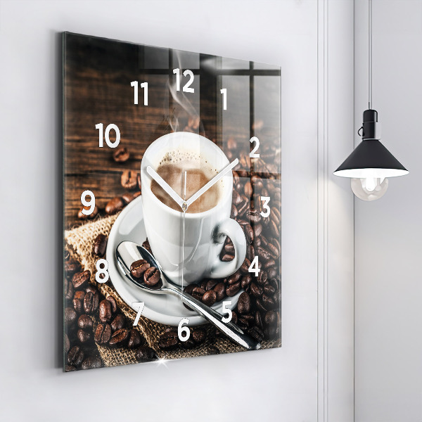 Horloge murale carrée Tasse et grains de café