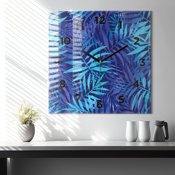 Pendule carrée en verre Feuilles bleues