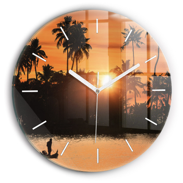 Horloge ronde Coucher de soleil et palmiers