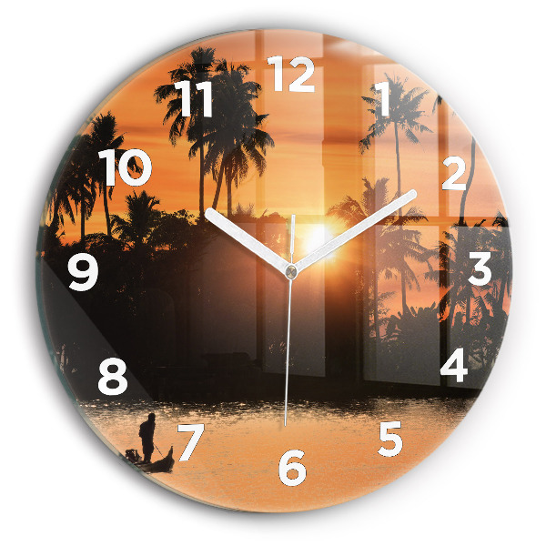 Horloge ronde Coucher de soleil et palmiers