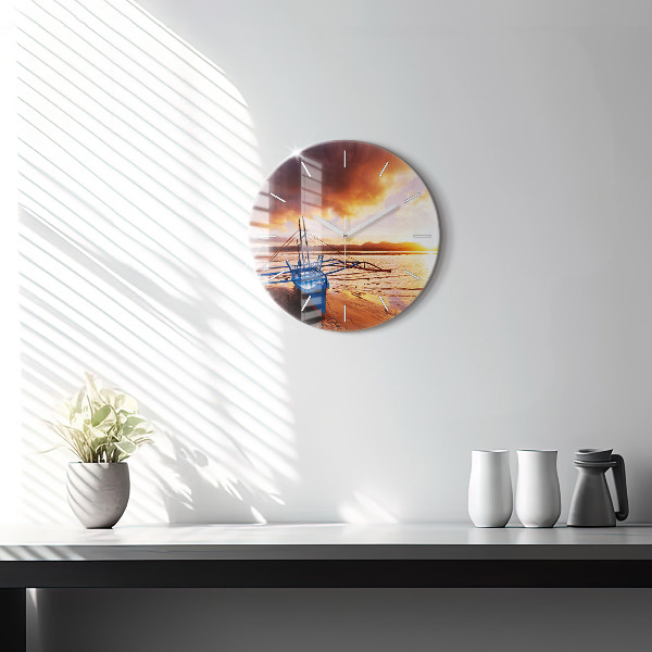 Horloge ronde Bateau et coucher de soleil
