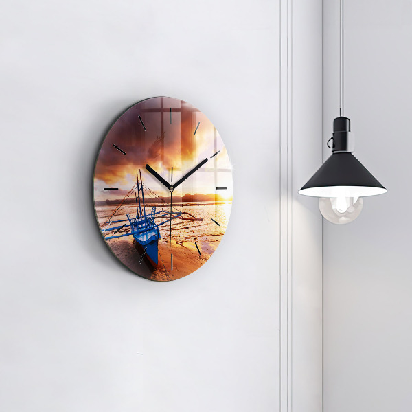 Horloge ronde Bateau et coucher de soleil