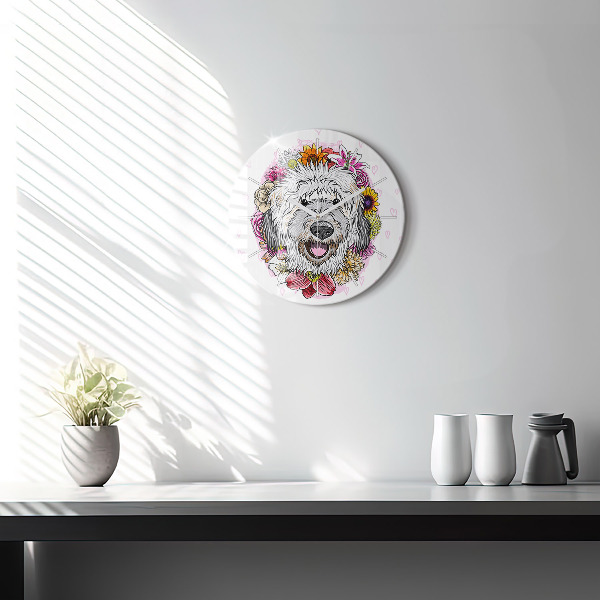 Horloge ronde Chien heureux dans les fleurs