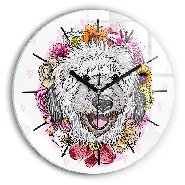Horloge ronde Chien heureux dans les fleurs