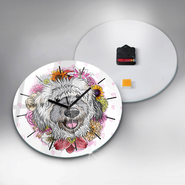 Horloge ronde Chien heureux dans les fleurs