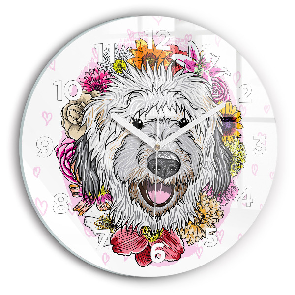 Horloge ronde Chien heureux dans les fleurs