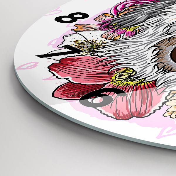 Horloge ronde Chien heureux dans les fleurs