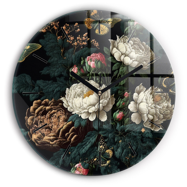 Horloge ronde Fleurs et papillons dorés