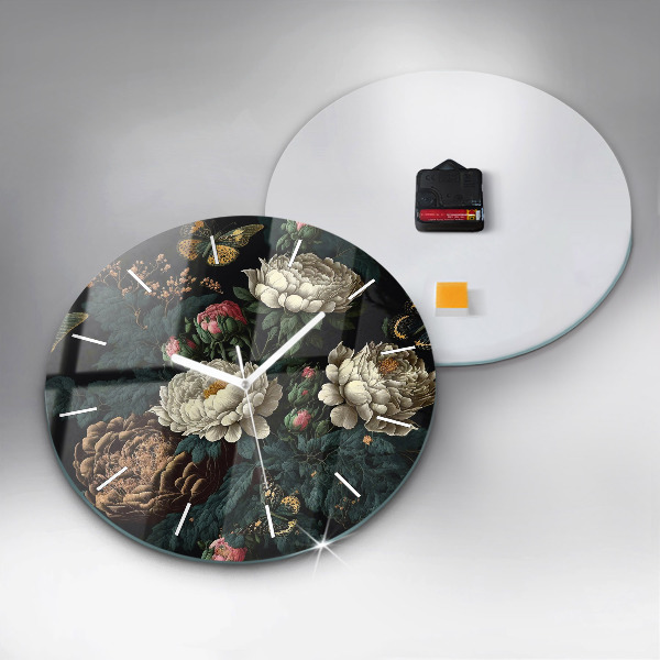 Horloge ronde Fleurs et papillons dorés