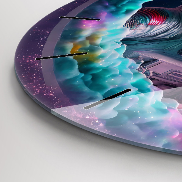 Horloge ronde Cosmonaute et nuages colorés