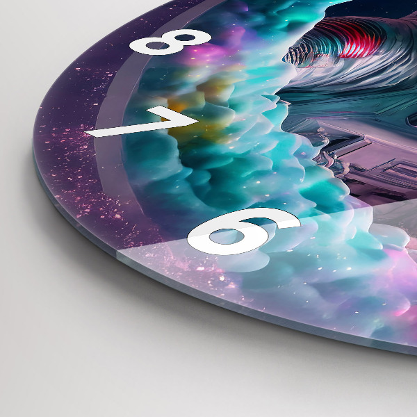 Horloge ronde Cosmonaute et nuages colorés