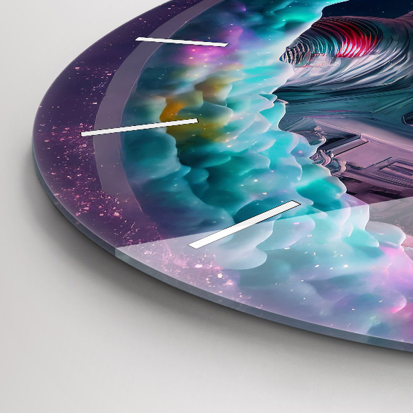 Horloge ronde Cosmonaute et nuages colorés