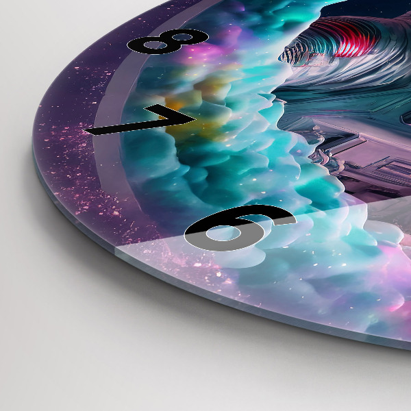 Horloge ronde Cosmonaute et nuages colorés