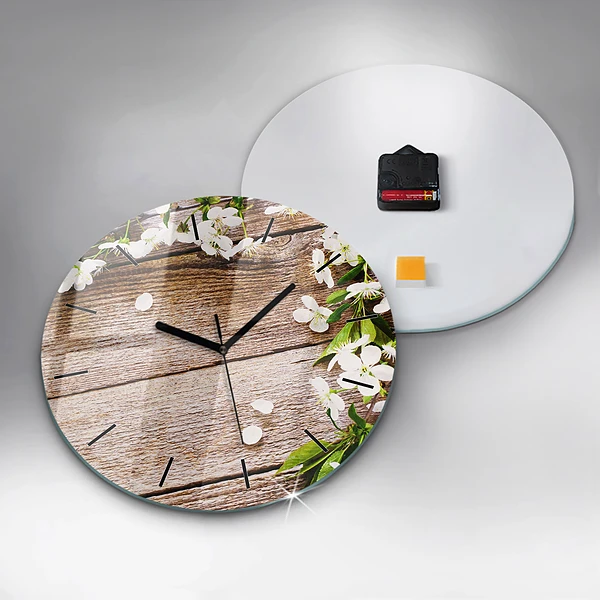 Horloge ronde Fleurs sur bois