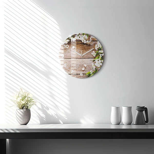 Horloge ronde Fleurs sur bois
