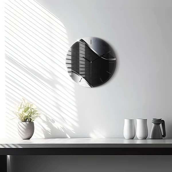 Horloge ronde Lignes noires et argentées