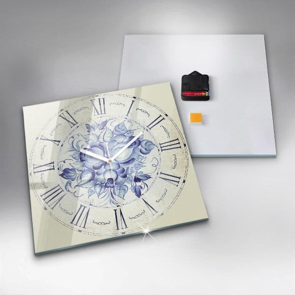 Horloge murale carrée élégant Fleurs bleues