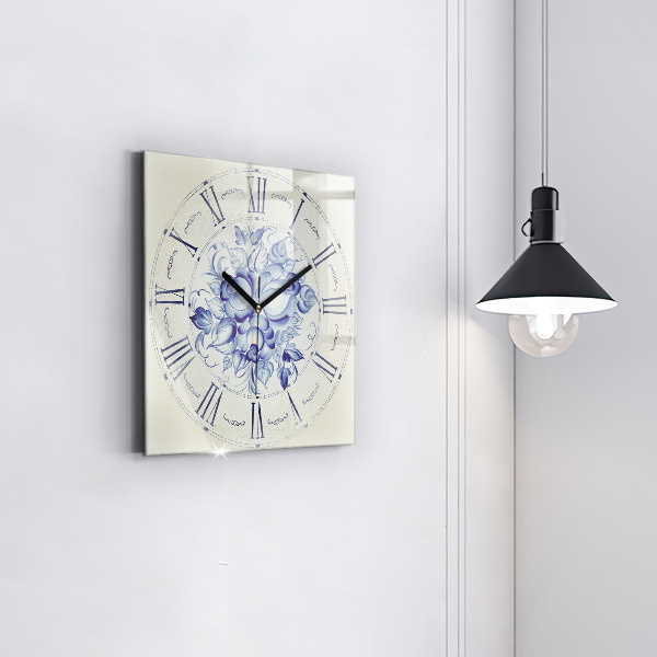 Horloge murale carrée élégant Fleurs bleues