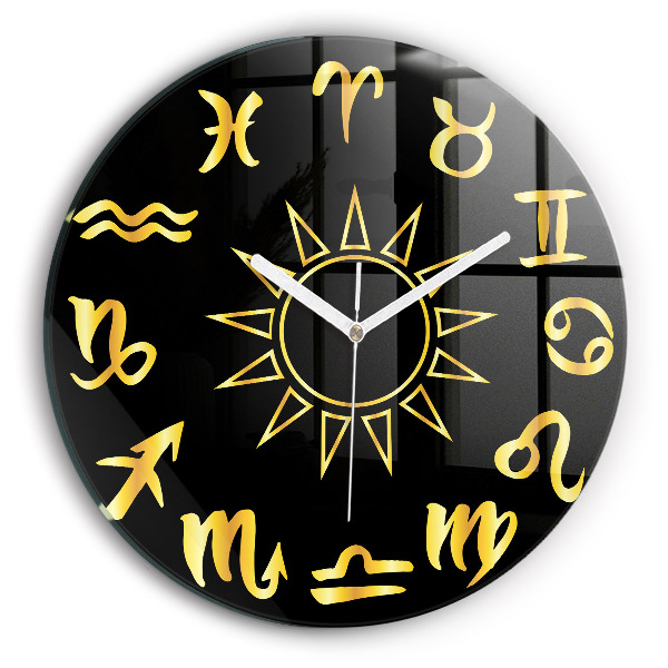 Horloge ronde murale Signes du zodiaque dorés et soleil