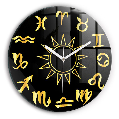 Horloge ronde murale Signes du zodiaque dorés et soleil