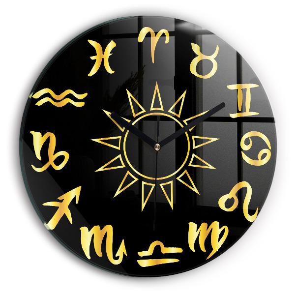 Horloge ronde murale Signes du zodiaque dorés et soleil